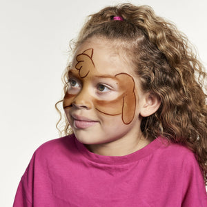 Step one, Mixing yellow, white, and light brown to create a beige colour, then painting the cheeks, nose, and forehead with beige and applying light brown to the upper cheeks and ears using a sponge. Outlining the design with dark brown using a fine round brush.