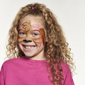 Final step, Painting the nose with black paint using a round brush, then adding white highlights to the nose and goggles with a fine brush to complete Skye – PAW Patrol face paint.