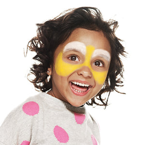 Step one, Using bright yellow paint and a brush, paint the cheeks under each eye and up between the eyebrows. Draw over each eyebrow with white paint.