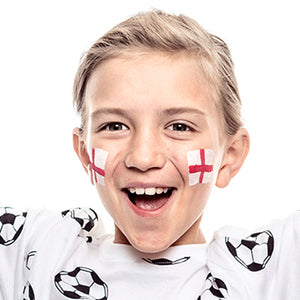 Final step, using red pain adding a straight horizontal line through the centre of rectangle to complete the English Flag face paint.