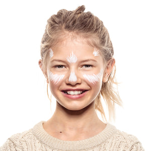 Step one, showing the start of creating base for fox by adding white strokes under the eyes, on the nose, and around the forehead.