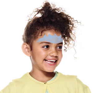 Step one, using pale blue paint, draw and fill in five triangles to make crown shape over the eyebrows.