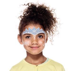 Final step, using stencil or free hands adding small stars or snowflakes onto the cheeks to complete the Ice Fairy face paint.