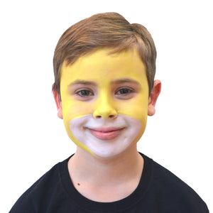 Step two, Painting the rest of the face bright yellow, outlining the white mouth and eyes, then filling in with a sponge, making sure to avoid the eyes.