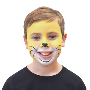 Final step, Painting an upside-down triangle on the nose with black paint, adding dots to the muzzle, light whiskers, and a line under the nose and chin to complete Lion face paint.