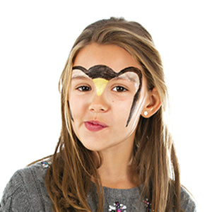 Step one, showing the start of creating white and black arch around eyebrows till cheeks and yellow triangle between eyes.