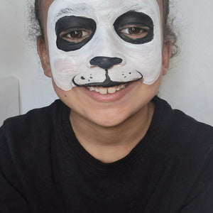 Step two, Filling in the eyes with black, painting the nose and muzzle, and outlining the ears around the pink circles.