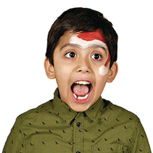 Step two, Adding a white stripe above the eyebrows and a pompom on the hat tip, then using a sponge for a fuzzy effect.