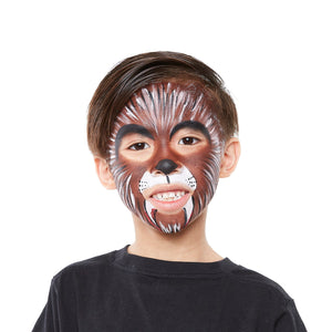 Final step, adding black eyebrows and nose to complete the Werewolf face paint.