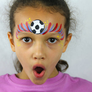 Final step, adding black and blue lines in between the red lines and adding yellow dots to complete the Football Crown face paint.