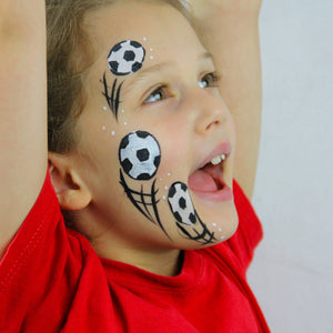 Final step, adding black lines from the footballs and white dots around the design to complete the Football face paint.