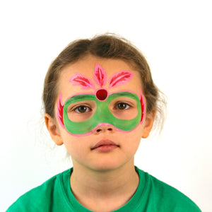 Step two, adding bright pink outline to the mask and feathers. Paint feathers coming out of circle with red in the centre.