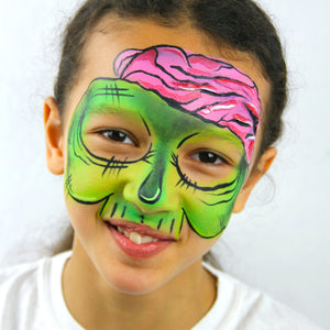 Final step, adding white and black highlights to complete Special Effects Pink Zombie face paint.