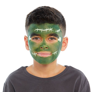 Step two, Using a brush and white paint to create bolts on each side of the eyes, and adding scars and stitches to the cheeks, forehead, and sides of the mouth.