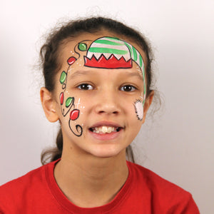 Step 3, add some Christmas lights in red and green with a black outline and cable joining them together, all the way down the other side of the face and then add white sparkles for that finishing touch of Christmas magic!