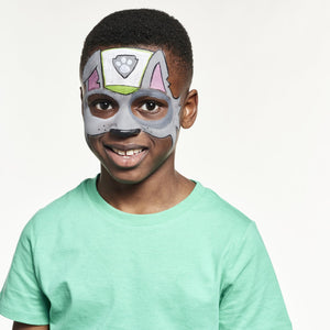 Final step show a full face paint of rocky from Paw patrol.
