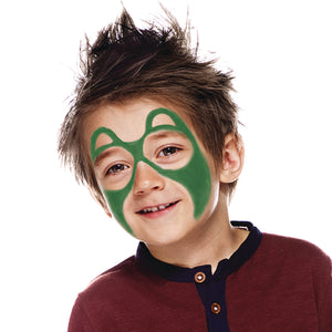 Step one, using grass green paint to create a mask, bringing it down the cheeks and outlining semi-circles above the eyes for the ears.