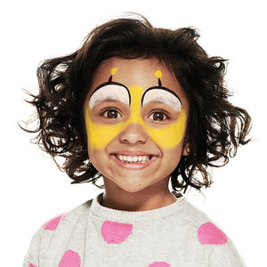 Step two, Using black paint and a thin brush, draw arches over the white of each eyebrow. Draw a line from the centre of each arch upwards, topping with a circle using bright yellow paint.