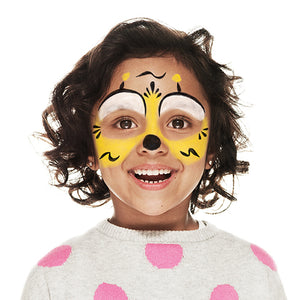 Final step, Using a thin brush and black paint, draw a fan of short lines between the two black arches, a black spot on the tip of the nose, two more fans on either side of the eyes, and additional wavy lines on each cheek to complete Bumble Bee face paint.