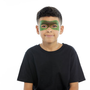 Step one, showing the start of creating mask shape using grass green face paint with dark brown highlights.