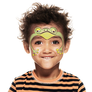 Final step, Dab pale yellow on the nose, outline the body, eyes, pupils, nostrils, and mouth to complete Frog face paint.