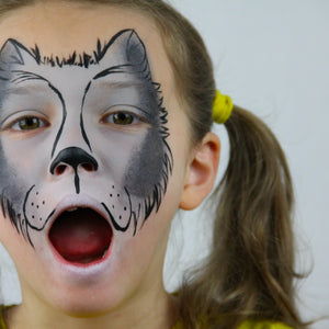 Step two, Using black face paint, add the nose and outline to create fur of wolf.
