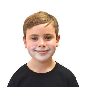 Step one, Painting around the mouth and under the nose with white, then filling in with white paint using a sponge, making sure to avoid the lips.