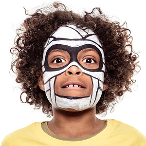 Final step, using white brush pen filling in the bandage lines to complete the Mummy face paint.
