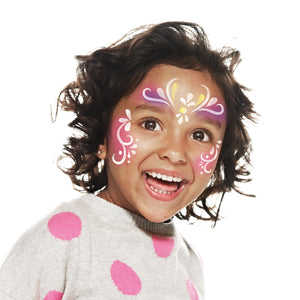 Final step, adding white and yellow dots and swirls over the design  to complete the Multicolour Princess face paint.