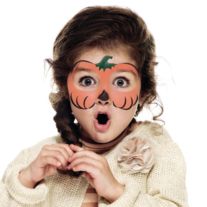 Final step, adding pumpkin stalk on the top using green face paint to complete Halloween Pumpkin face paint.