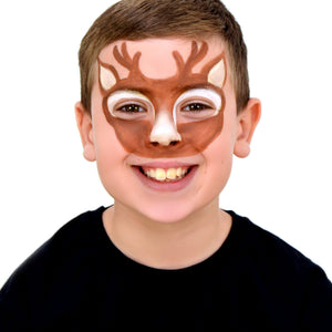 Step 2, complete your Reindeer ears using a white and yellow paint mix and eyes using white paint, with a sponge for his nose 