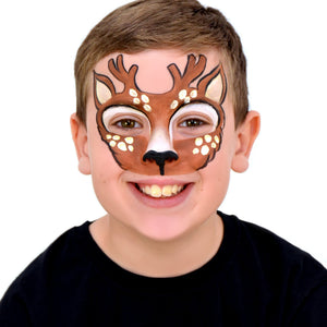 Step 3, to make your Reindeer transformation complete, paint an outline in black around the design and add your nose and then finally use your white and yellow mix to add freckles on the cheeks and forehead.  Rudolph would be proud!