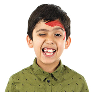 Step one, Drawing a thick red arc across the forehead and under the right eye to form Santa's hat.