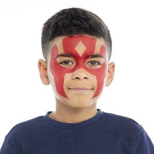 Step one, paint the mask shape with bright red using a brush and fill in with a sponge.