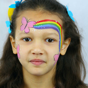 Final step, adding pink butterfly with black highlights to complete the Rainbow Butterfly face paint