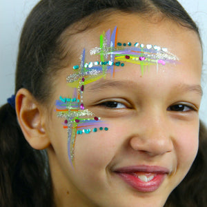 Final step, adding chunky glitter in line to complete Geometric Glitter face paint.