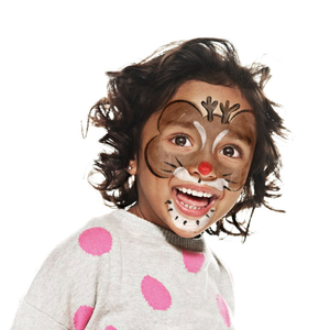 Step 3, use black to paint an outline around the whole design and add some whiskers around your chin and nose.  Finally, add a red nose to make your Rudy the Red Nosed Reindeer complete!
