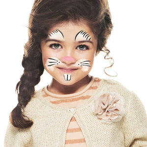 Final step, adding black outline over eyebrows and teeth, and adding black whiskers to complete the Bunny face paint.