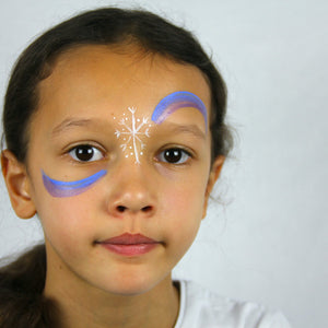 Step 2, paint 2 swirls in Sparkle Blue paint on the opposites sides of the face; one on the cheek and one on the forehead. Then add another swirl in Sparkle Lilac.