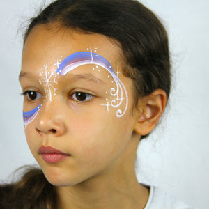 Final step, using white paint adding lots of stars dots and sparkles with white highlights to complete the Festival Swirl face paint.